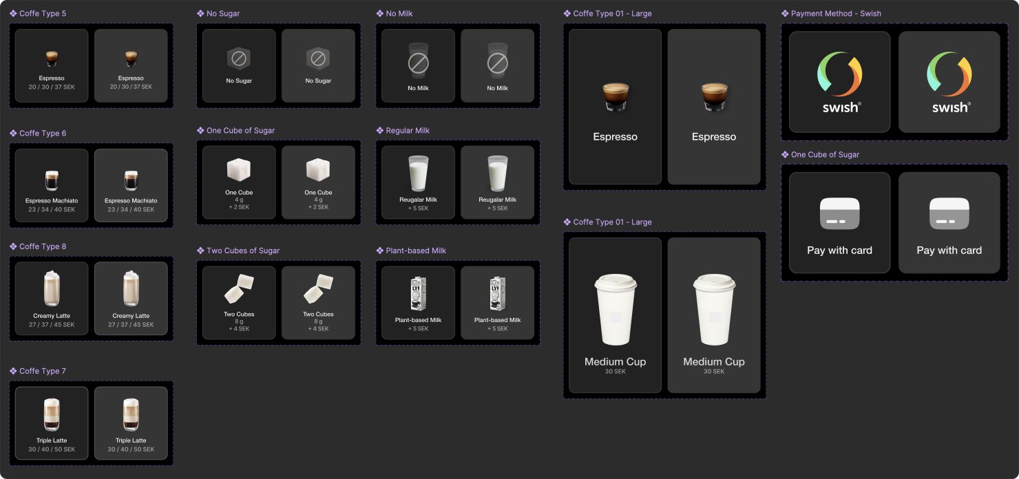Coffee machine design system with typography, colors, and components