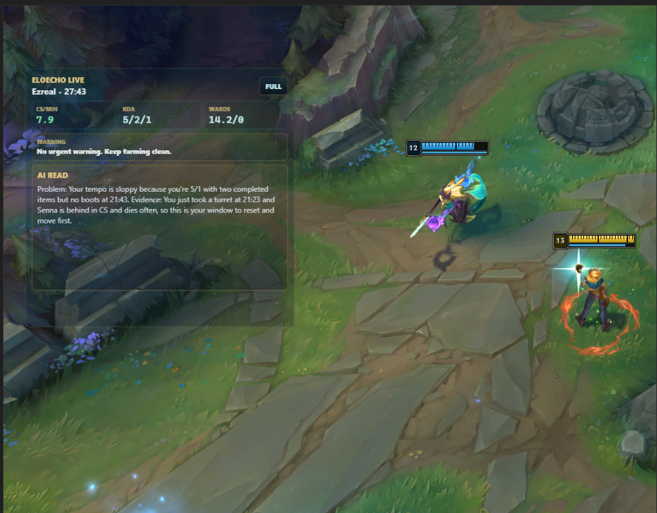 EloEcho live overlay with in-game read and coaching note