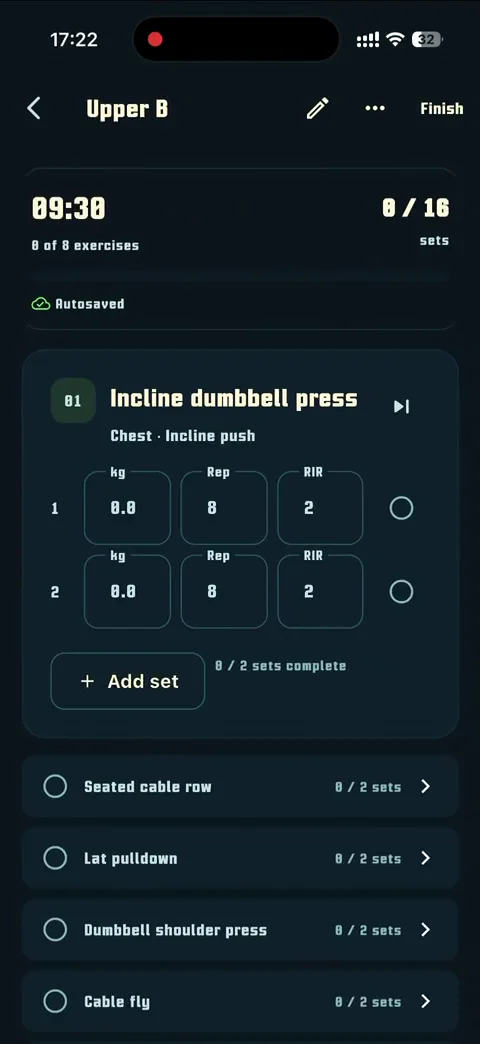 RepQuest Training screen showing an active strength workout
