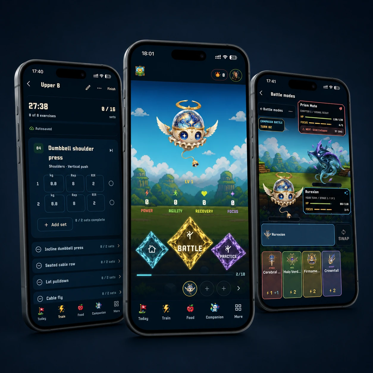 Three RepQuest iPhone screens showing workout tracking, companion progression, and a turn-based battle