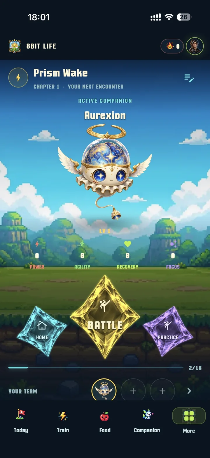 RepQuest battle home showing Aurexion, core stats, team slots, and battle controls