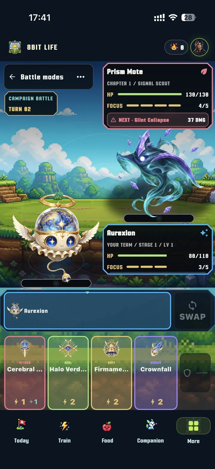RepQuest battle screen showing Aurexion facing Prism Mote